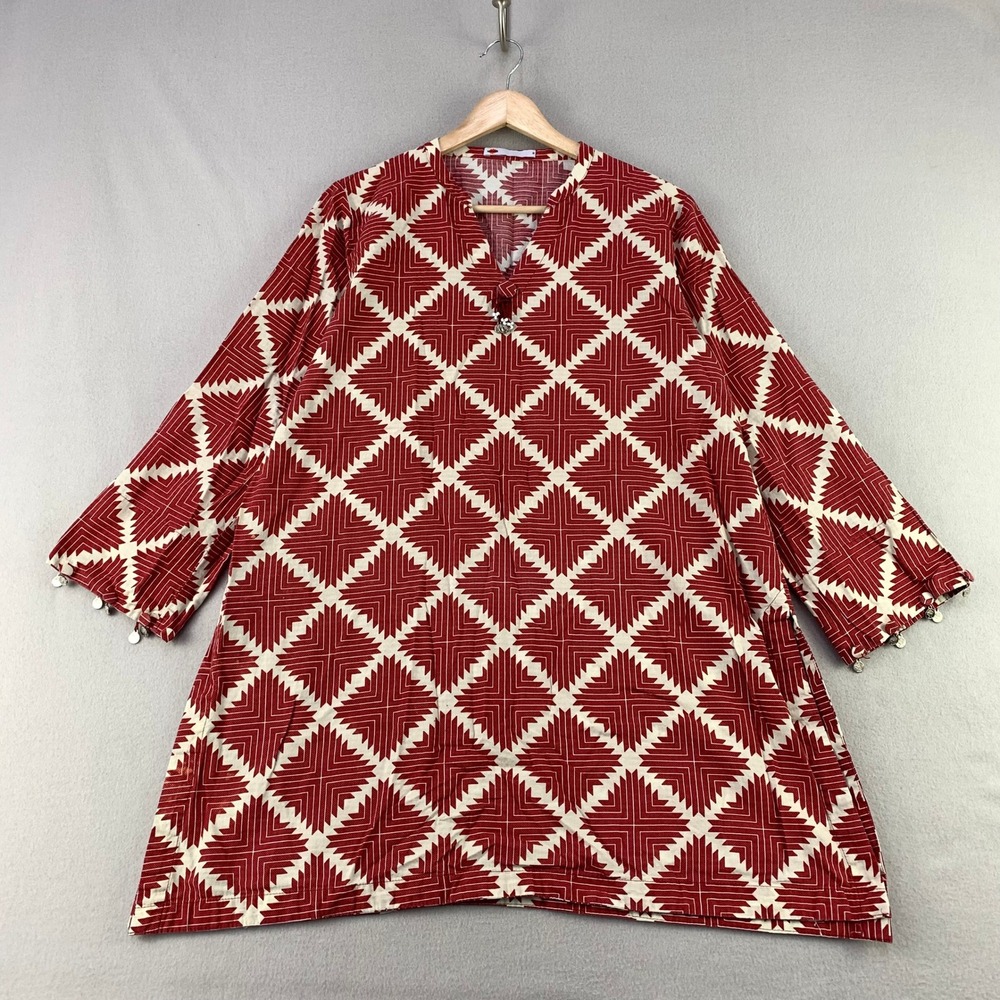 Khaadi Geometric Print Tunic Top Women 12 Red Boho Cotton Kurta Embellished